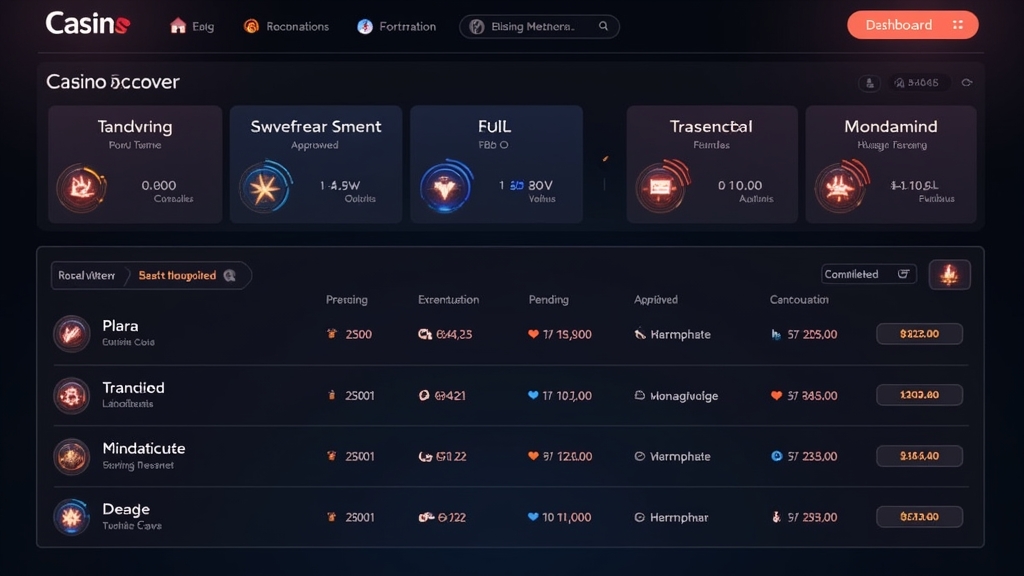 Casino cashier transaction history with pending and completed status labels