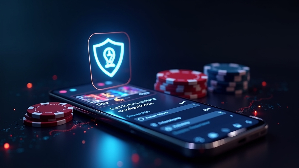 Smartphone showing casino app update and security checks in a dark casino setting