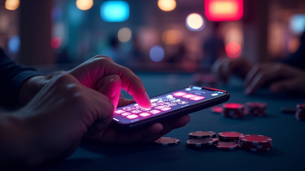 Player downloading a casino app on a smartphone in a neon-lit casino scene