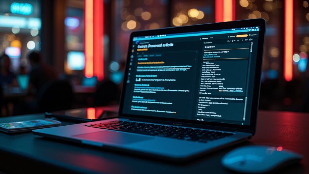Ein Verifizierungscode und ein Ausweis liegen neben einem Laptop in einer dunklen Casino-Szene