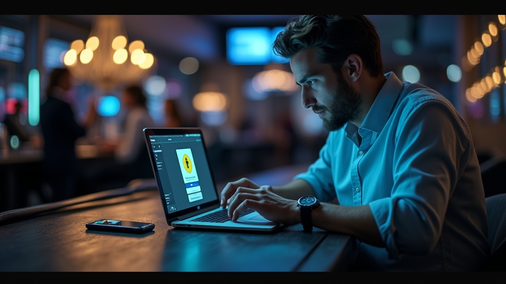 Ein Laptop und ein Smartphone zeigen ein sicheres Casino-Login-Formular in dunkler Neon-Atmosphäre