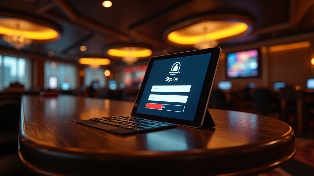 Ein Tablet zeigt ein sicheres Casino-Registrierungsformular in dunkler Neon-Umgebung