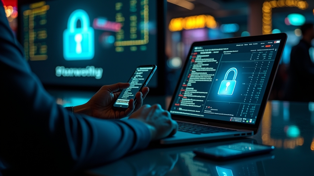 Ein sicheres Passwort-Manager-Tool und ein gesperrtes Smartphone in einer dunklen Casino-inspirierten Szene